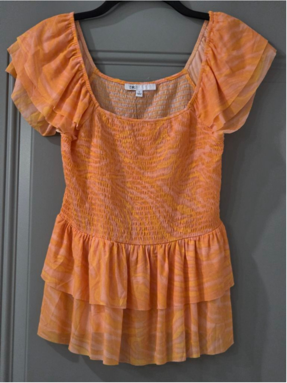 Women's DR2 Orange Yellow Smocked Ruffle Blouse S